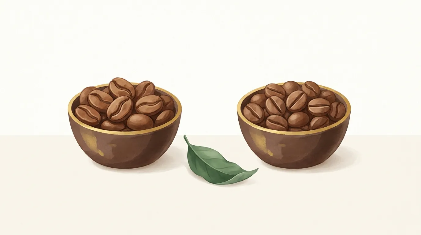 Dwie miseczki palonych ziaren kawy obok siebie, arabika po lewej, robusta po prawej, między nimi zielony liść kawowca