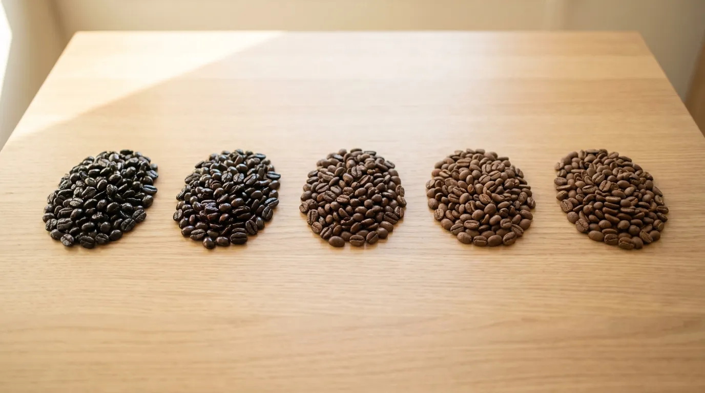 Porównanie ziaren kawy — ciemne oleiste z lewej vs medium matte z prawej