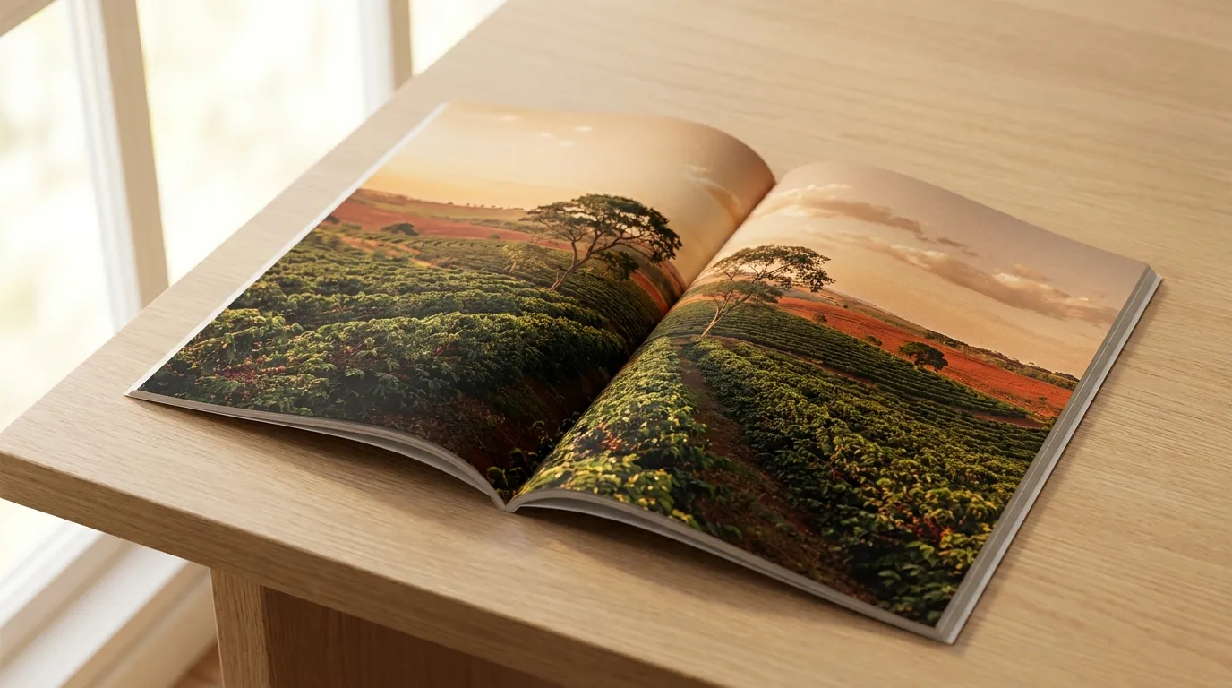 Brazylijska farma kawy z rzędami krzewów na czerwonej laterytowej glebie — region Cerrado