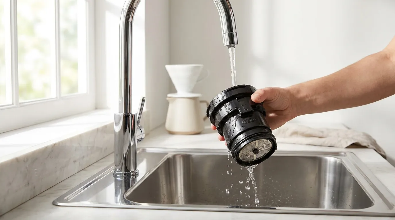 Wyjmowana grupa parzenia ekspresu DeLonghi Magnifica S pod bieżącą wodą — codzienna rutyna czyszczenia