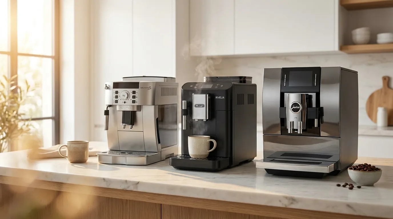 Trzy ekspresy automatyczne w różnych półkach cenowych — DeLonghi Magnifica S, DeLonghi Rivelia, Jura Z10