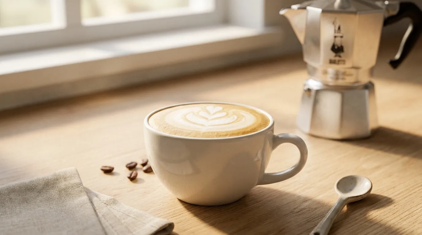 Domowe cappuccino z gęstą pianką w białej filiżance, kawiarka moka w tle