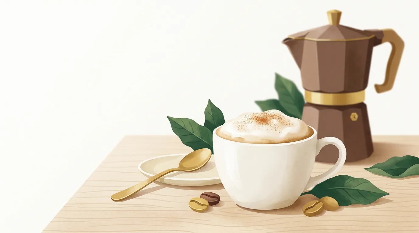 Domowe cappuccino z gęstą pianką, kawiarka moka w tle