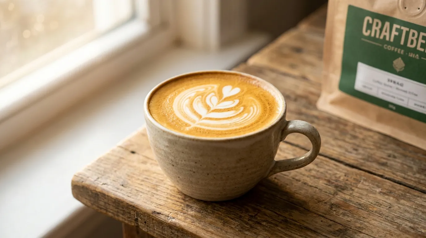 Cappuccino z latte art w ceramicznej filiżance — gęsta crema z blendu z robustą