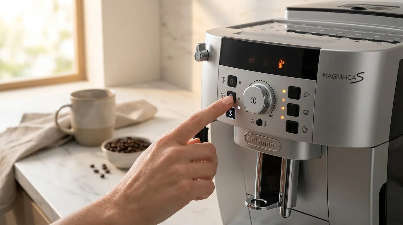 Panel sterowania DeLonghi Magnifica S — przyciski siły kawy, objętości i temperatury