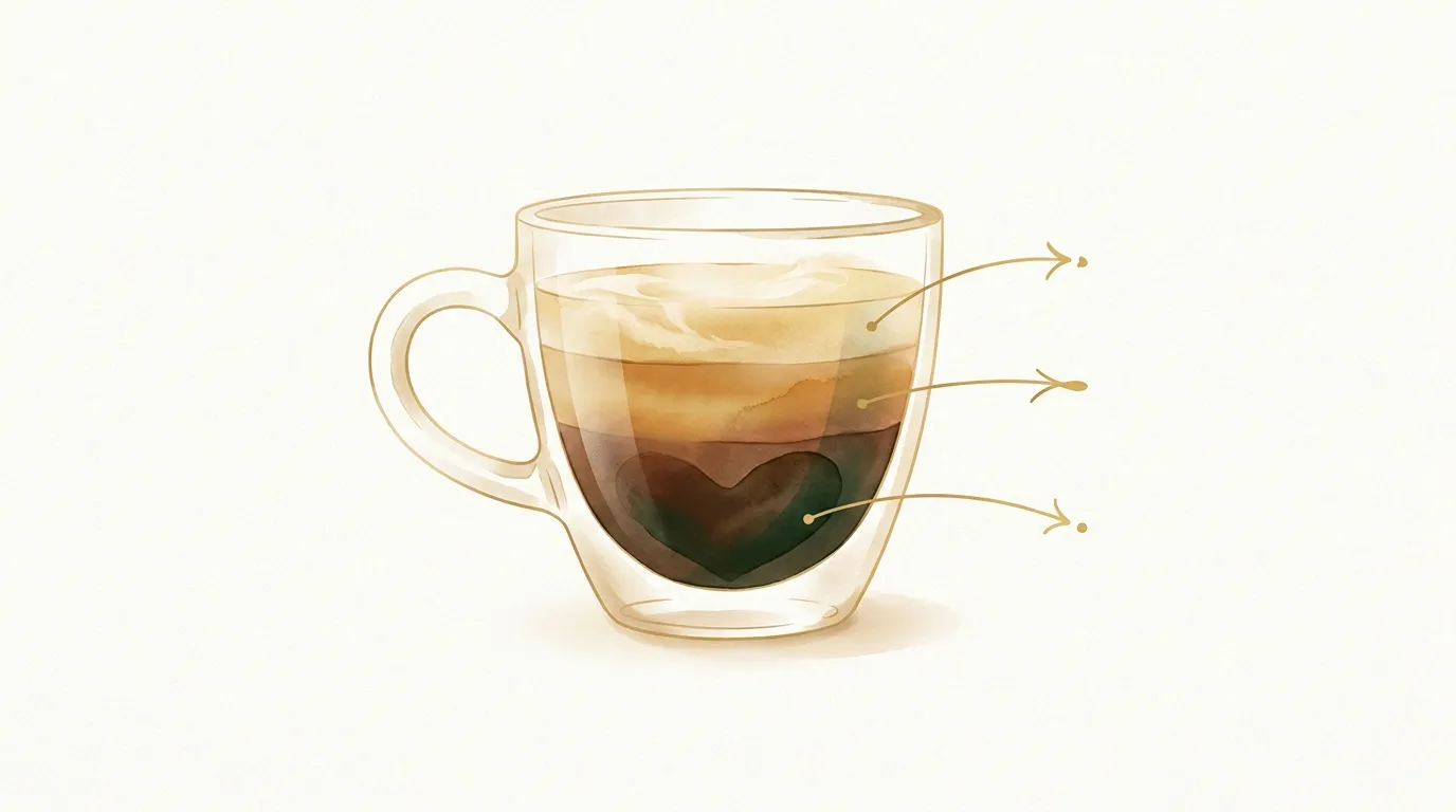 Trzy warstwy espresso w szklance: crema, body i serce