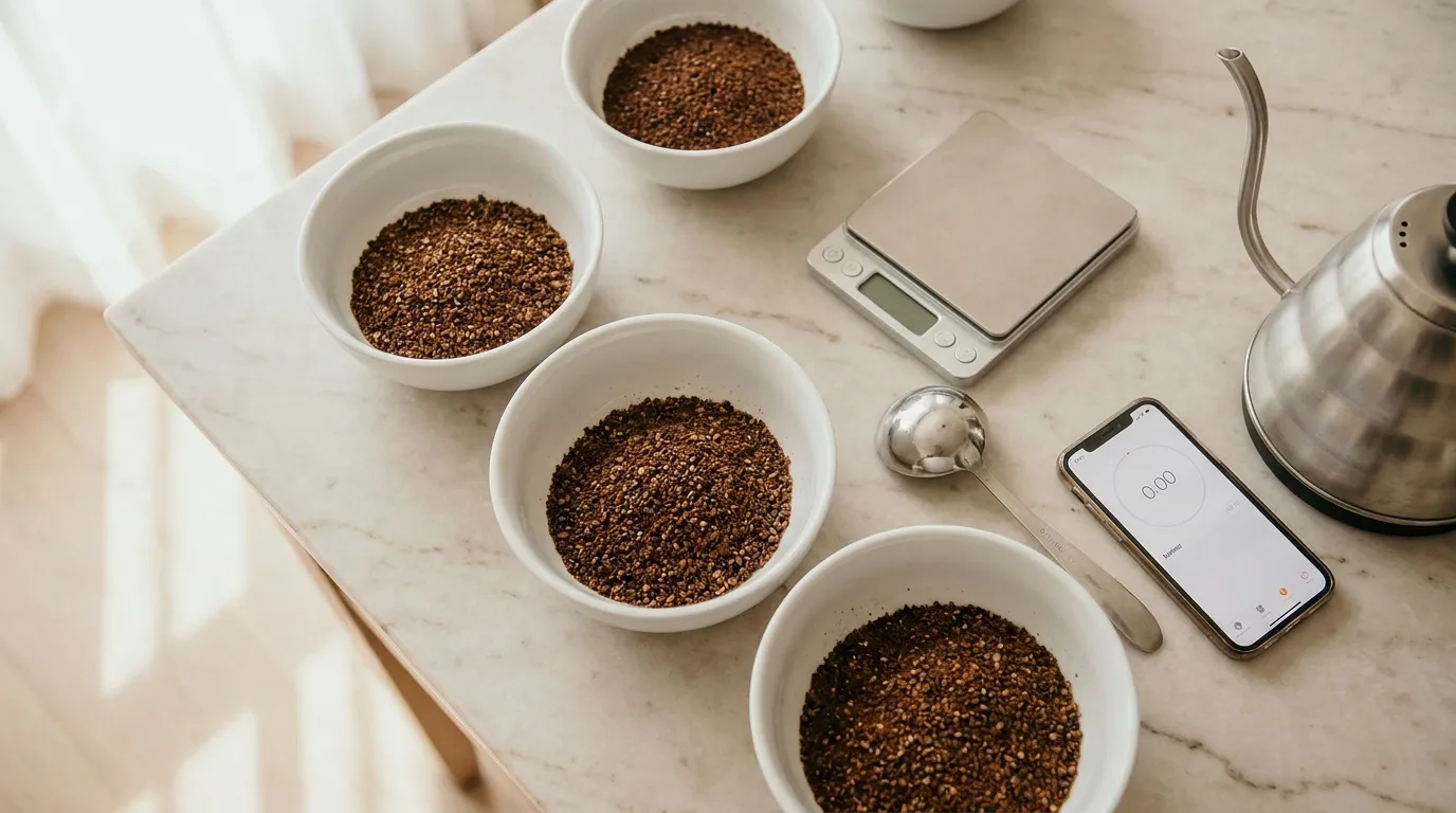 Zestaw do cuppingu w domu — kubki, łyżka cuppingowa, czajnik, waga i zmielona kawa na jasnym blacie
