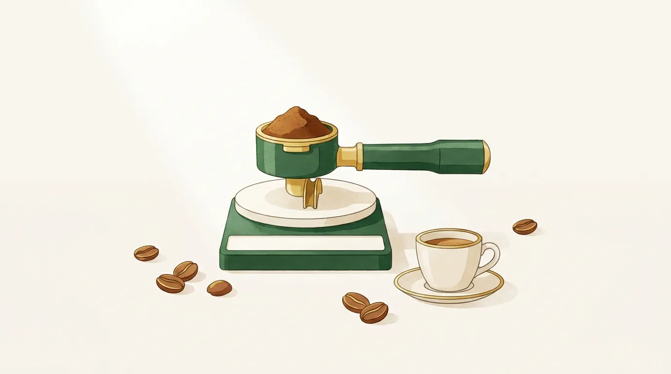 Koszyk kolby z porcją świeżo zmielonej kawy na małej wadze kuchennej obok filiżanki espresso