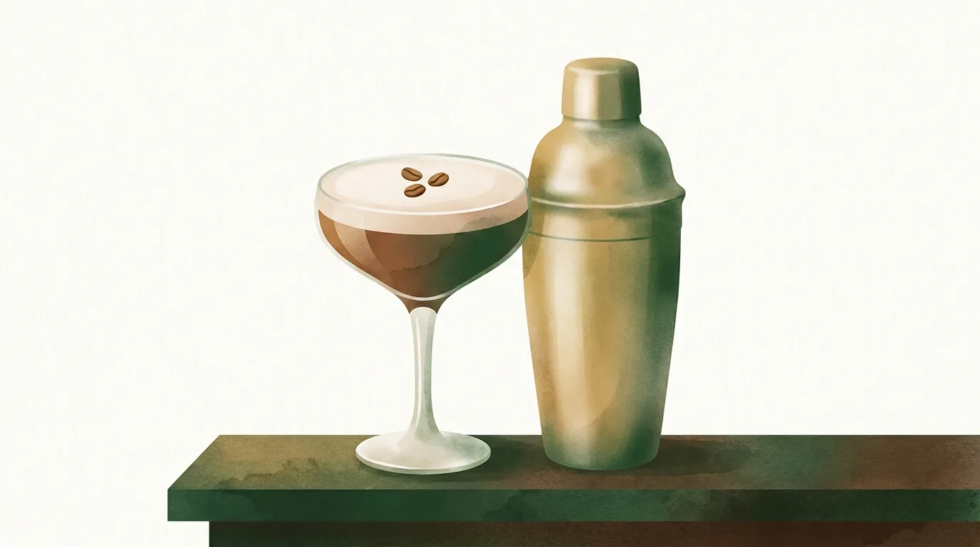Kieliszek coupe z espresso martini o gładkiej, jasnobeżowej piance i trzema ziarnami kawy na wierzchu, obok oszroniony shaker