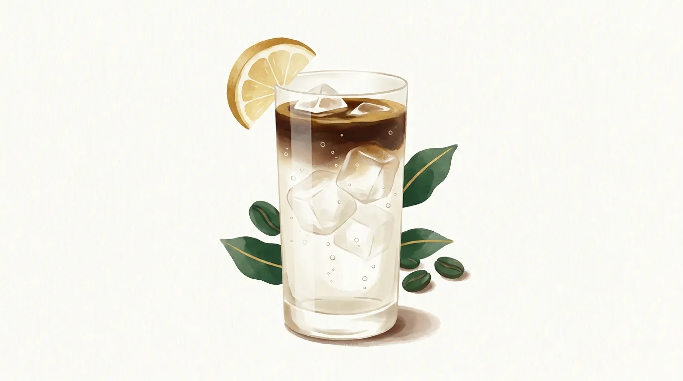 Espresso tonic w wysokiej szklance z lodem i plasterkiem cytryny