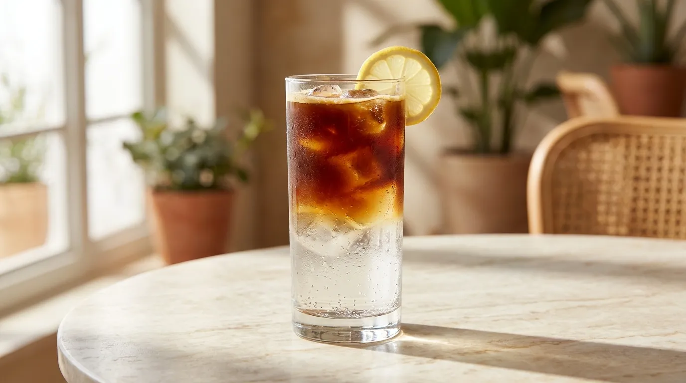 Espresso tonic w wysokiej szklance — warstwy espresso na toniku z lodem i plasterkiem cytryny