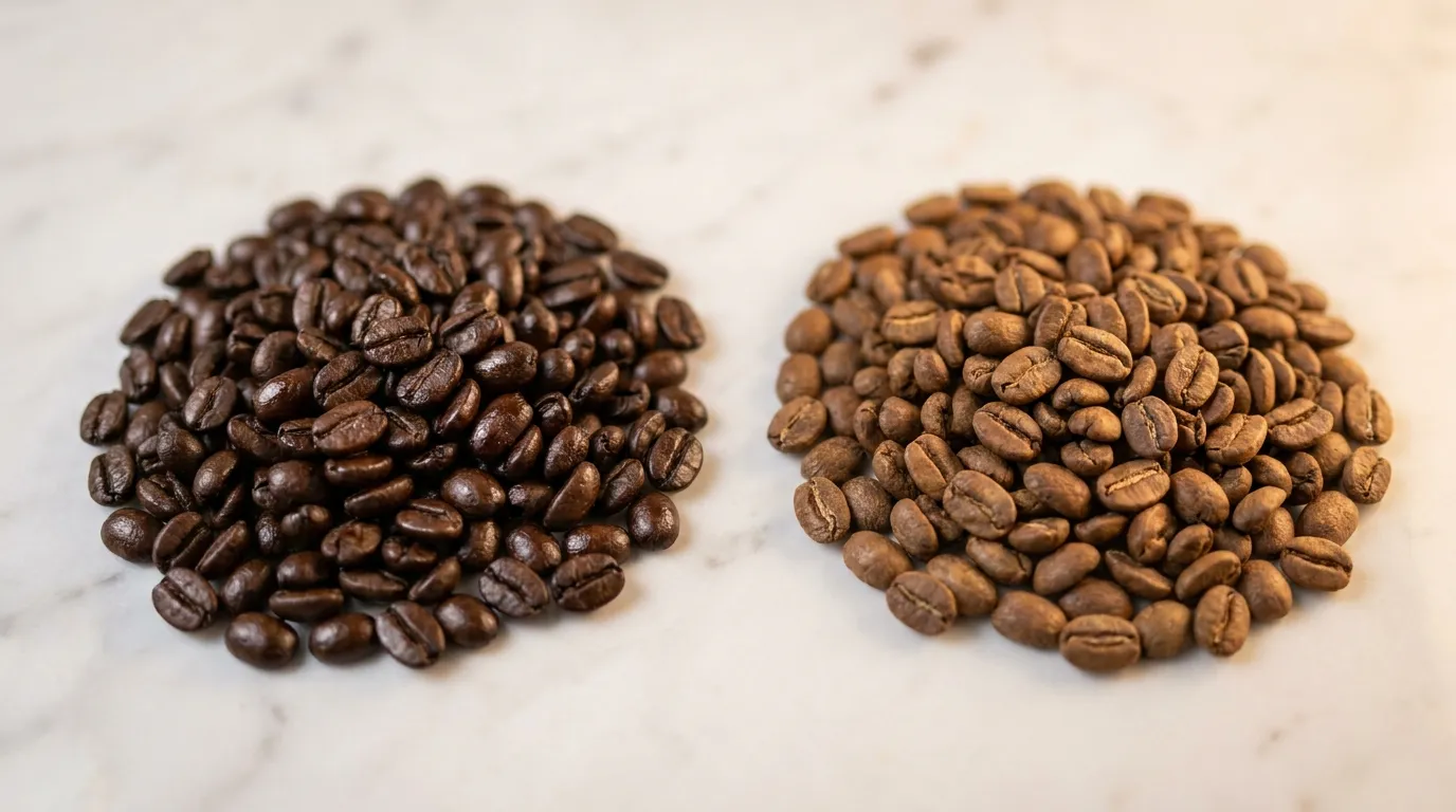 Dwie garście ziaren kawy obok siebie — espresso roast i filter roast — podobny kolor, różna struktura wewnętrzna