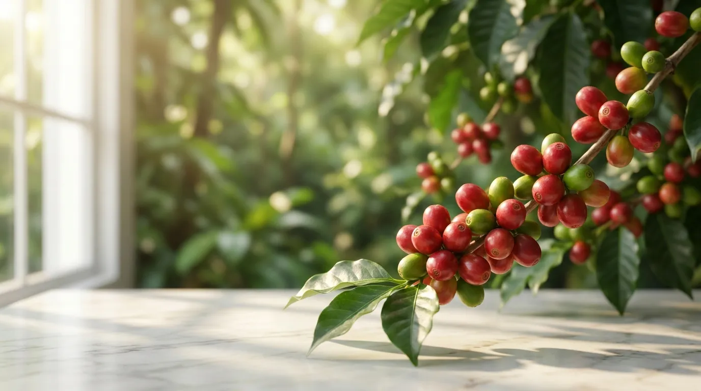 Dojrzewające owoce kawy na drzewie w etiopskim lesie — czerwone i zielone cherry na gałęzi