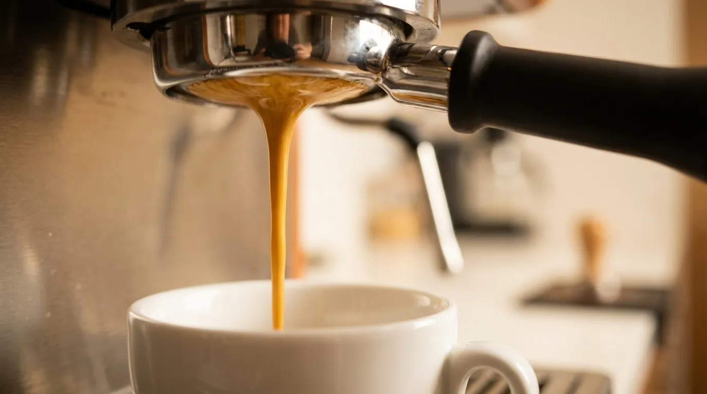 Zbliżenie na ekstrakcję espresso — strumień kawy spływający do filiżanki