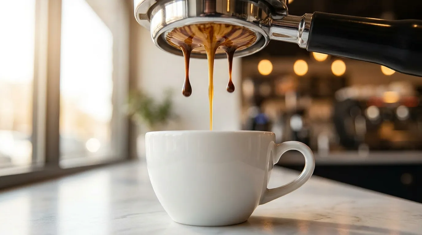 Ekstrakcja espresso — ciemne krople na początku przechodzą w jasnozłoty strumień pod koniec