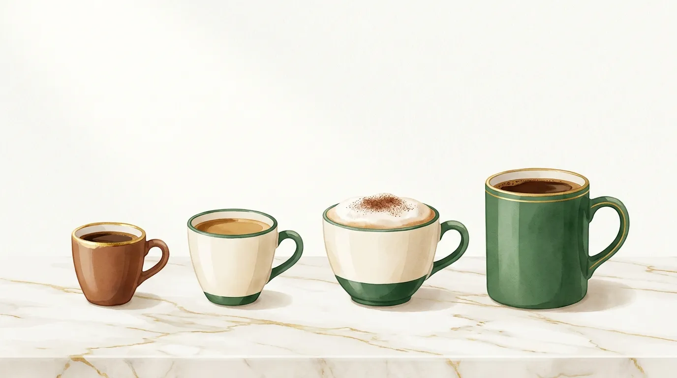 Cztery napoje kawowe obok siebie na jasnym blacie, espresso, lungo, cappuccino i duży kubek kawy przelewowej, pokazujące różnice objętości