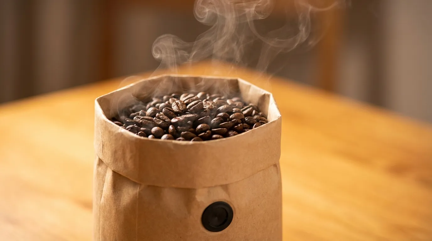 Świeżo palone ziarna kawy uwalniające CO2 — widoczne pęcherzyki gazu