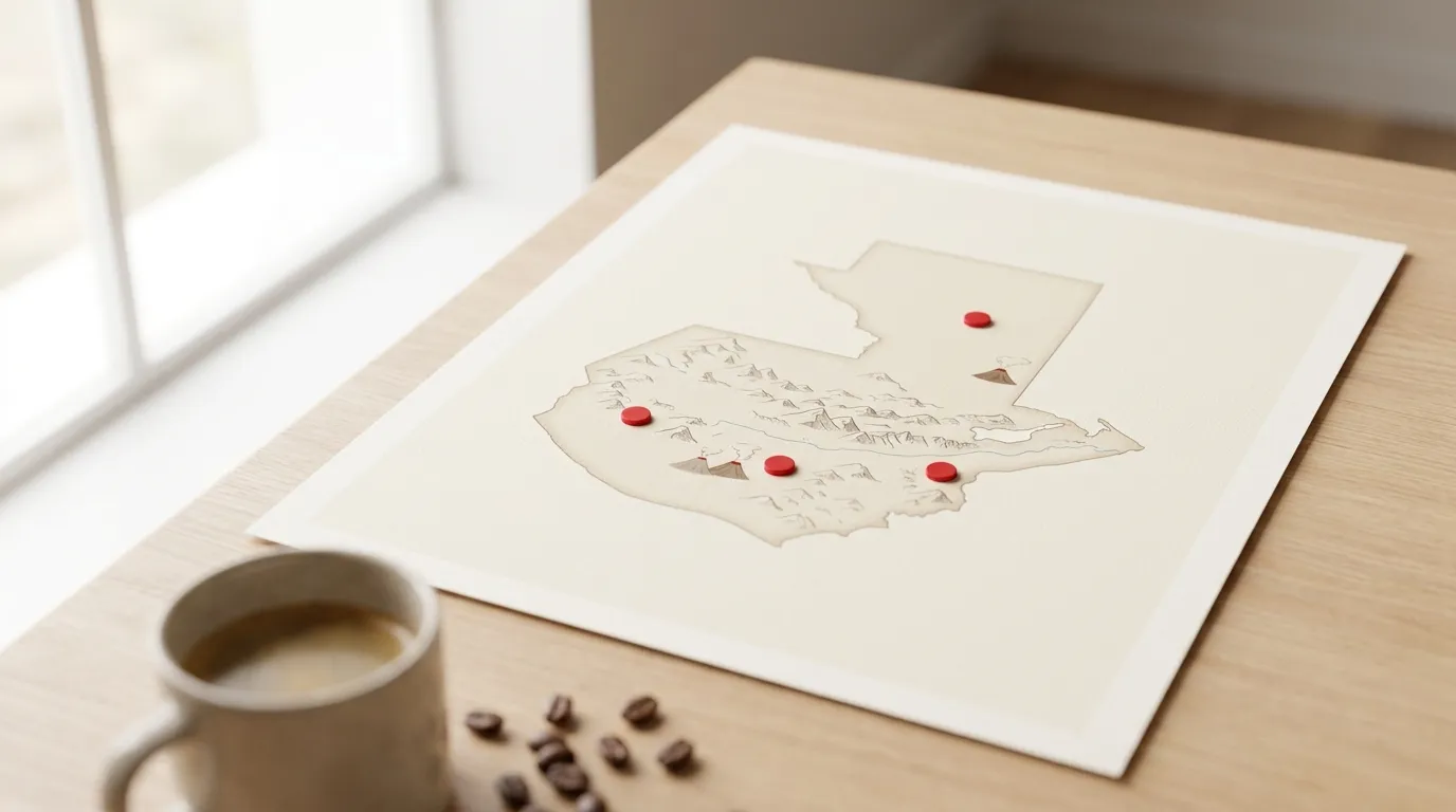 Mapa regionów kawowych Gwatemali — Antigua, Huehuetenango, Cobán, Atitlán z zaznaczonymi wulkanami