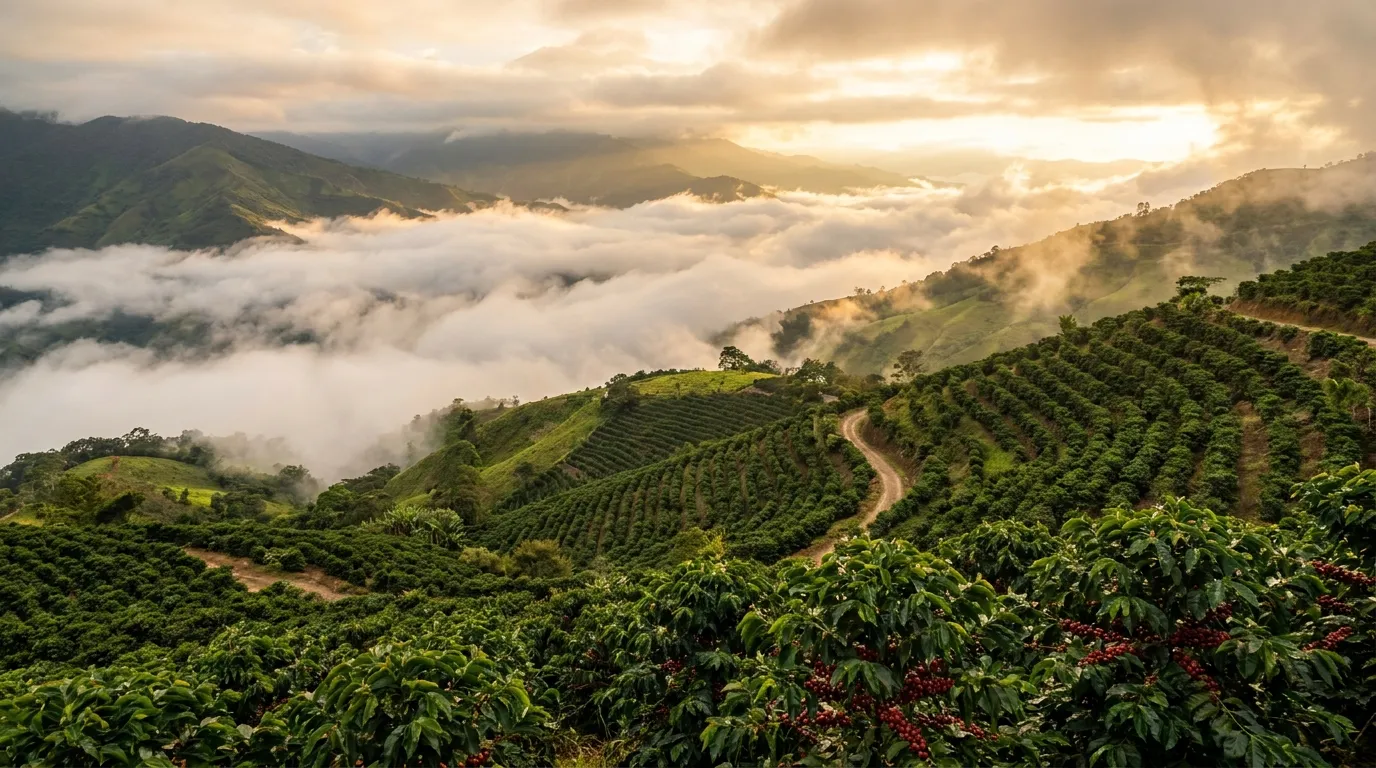 Kolumbijska plantacja kawy na zboczach Andów — strome tarasy z krzewami kawowymi powyżej chmur