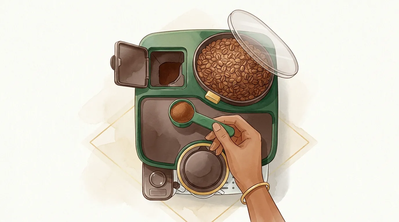 Otwarta klapka komory na kawę mieloną obok pojemnika na ziarna w ekspresie DeLonghi Magnifica S i płaska miarka mielonej kawy nad lejkiem