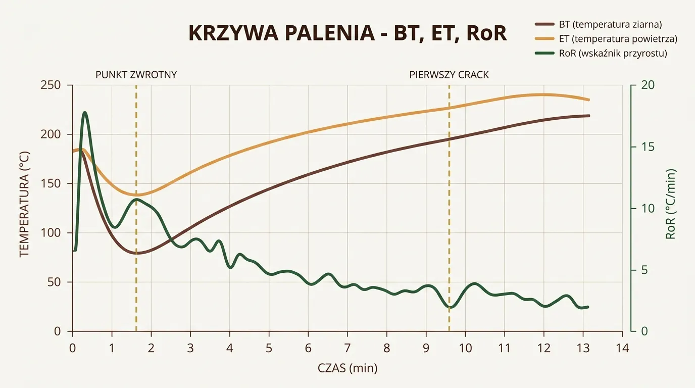 Wykres krzywej palenia kawy z Artisan — dwie linie temperatury BT i ET oraz krzywa Rate of Rise na tle osi czasu