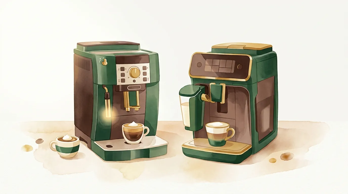 DeLonghi Magnifica S obok Philips 3200 LatteGo na kuchennym blacie, dwa najczęściej wybierane automaty do 2000 zł