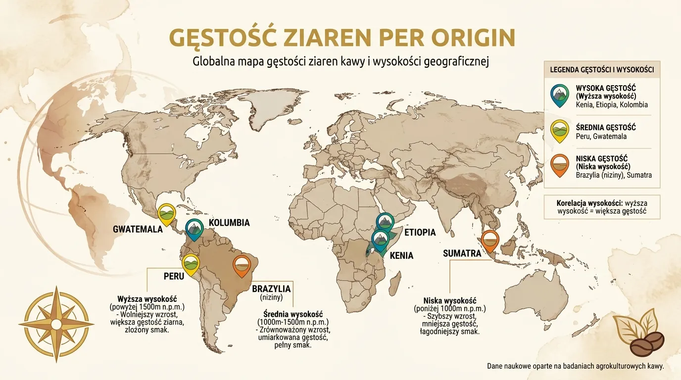Mapa regionów uprawy kawy z oznaczonymi wysokościami i typową gęstością ziarna — Brazylia nisko, Etiopia i Kenia wysoko, Kolumbia pośrodku