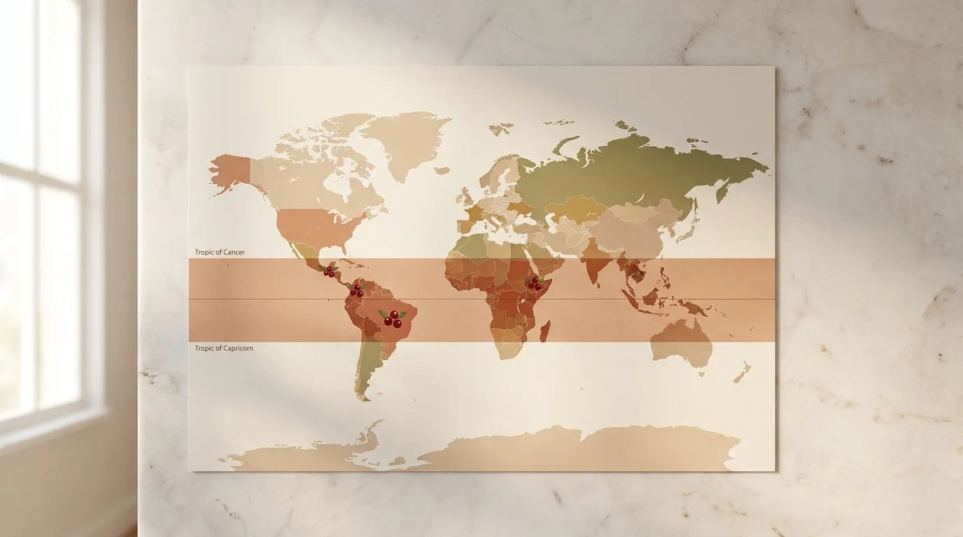 Mapa świata z zaznaczonymi czterema głównymi originami kawy specialty — Brazylia, Etiopia, Kolumbia, Gwatemala