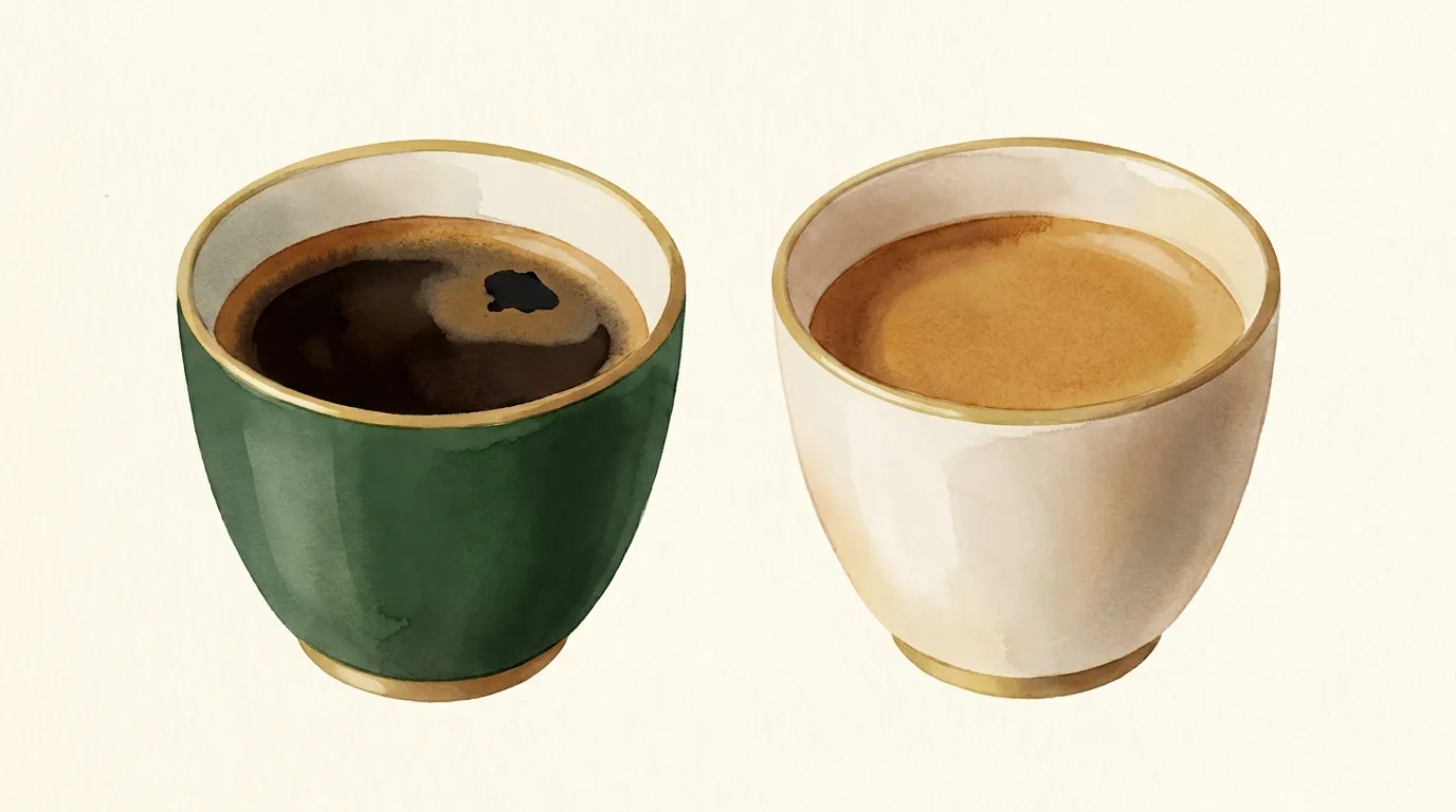 Przeekstrahowane espresso obok prawidłowego: ciemne, z ciemną cremą