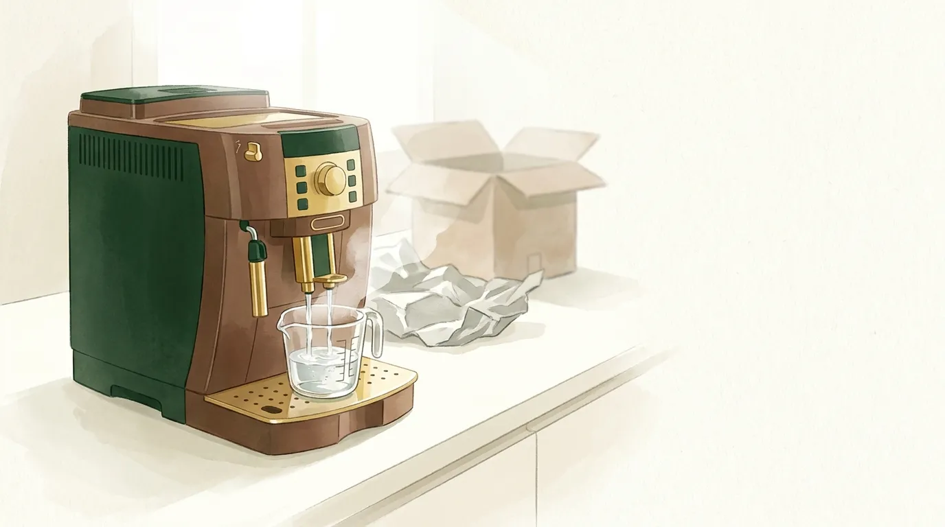 Nowy ekspres DeLonghi Magnifica S przepłukiwany gorącą wodą do szklanego dzbanka, pierwsze uruchomienie