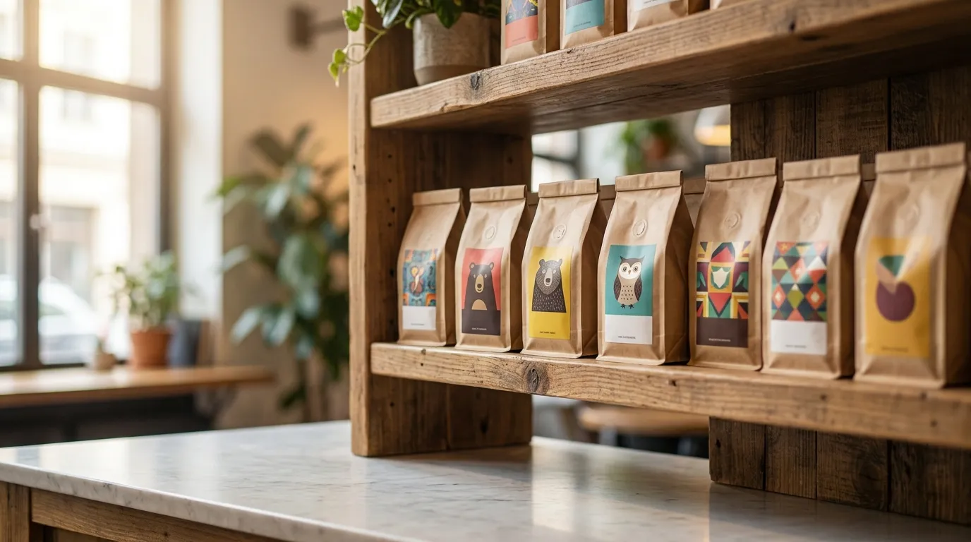 Półka z paczkami kawy ziarnistej specialty — różne palarnie, pochodzenia i profile palenia