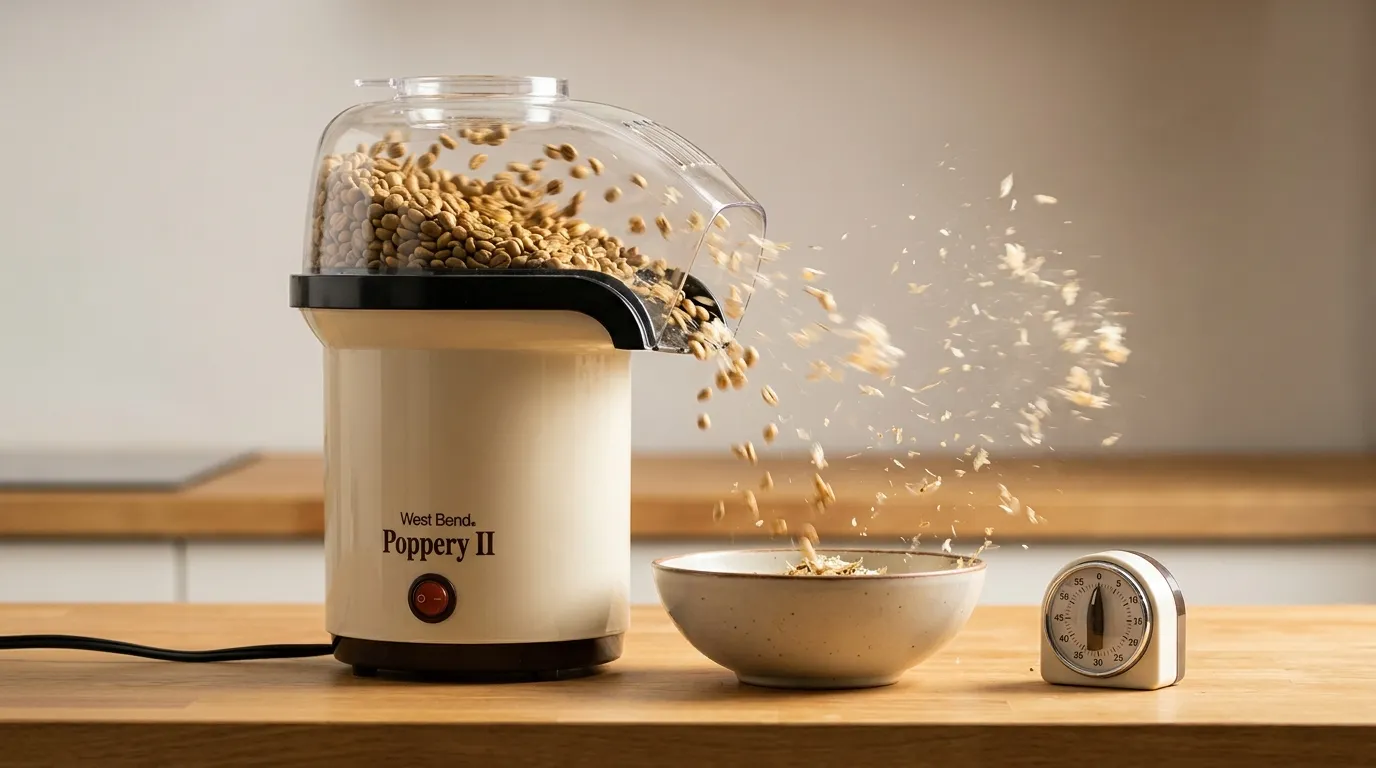 Elektryczny popcorn popper używany do palenia kawy — ziarna unoszą się w strumieniu gorącego powietrza
