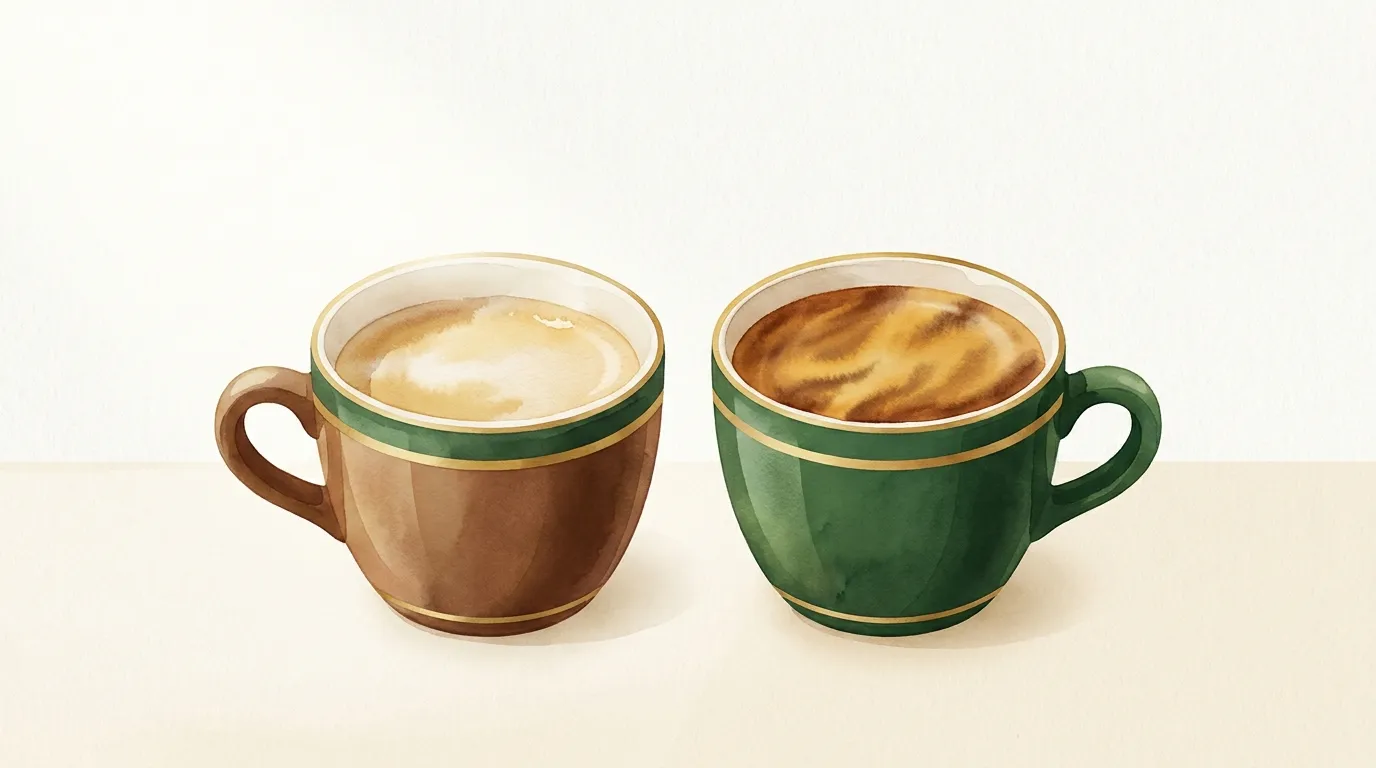 Dwa espresso obok siebie: z cieńszą i jaśniejszą oraz z gęstszą i ciemniejszą cremą