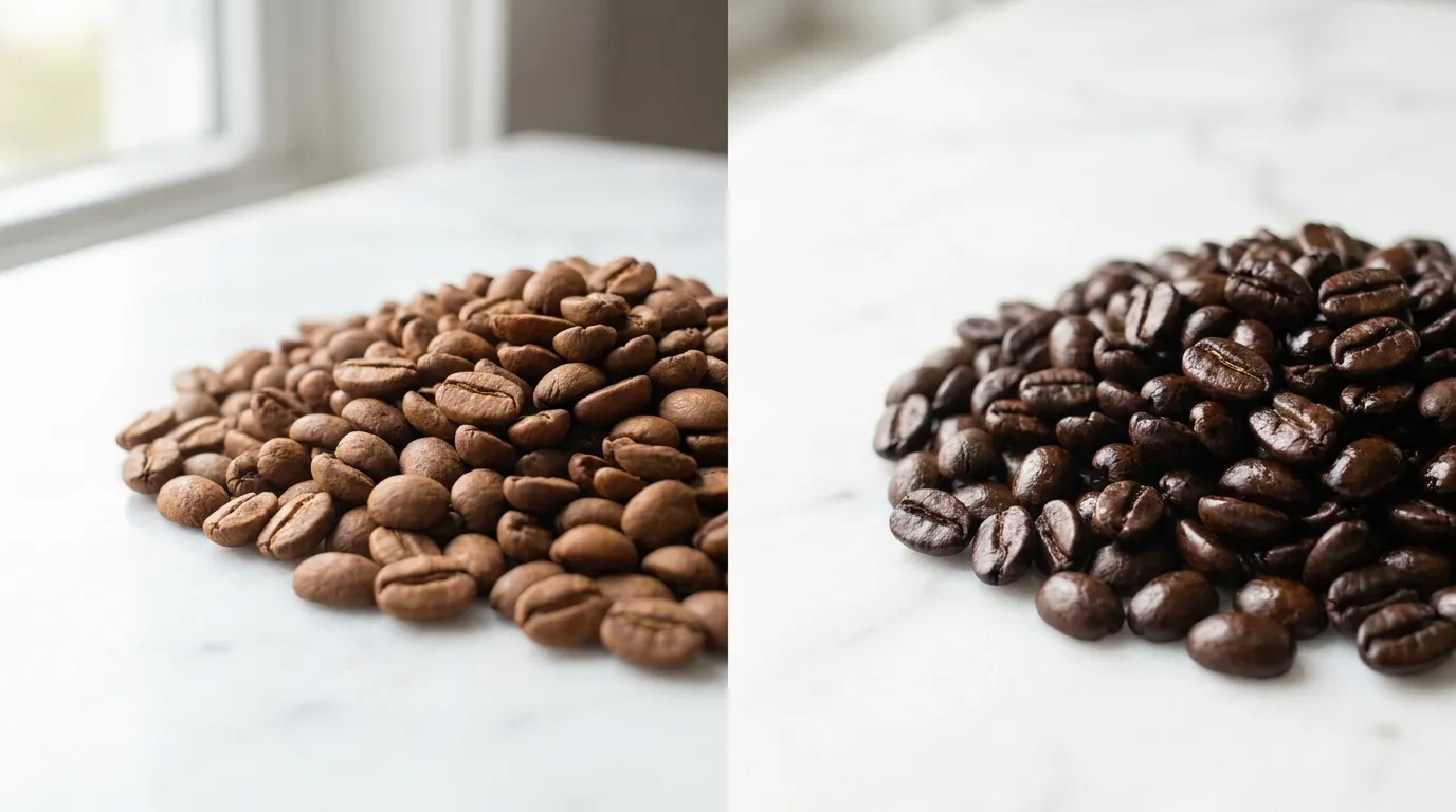 Porównanie jasno i ciemno palonych ziaren kawy — różnica koloru, tekstury i powierzchni