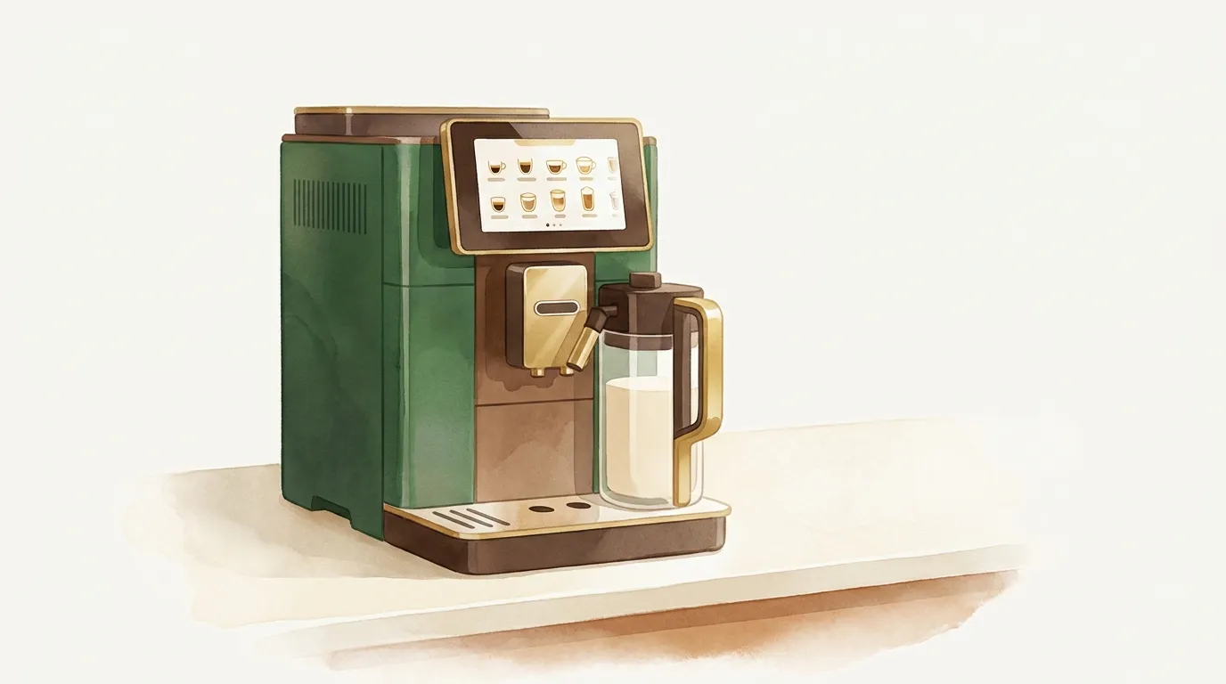 DeLonghi PrimaDonna Soul z dużym dotykowym ekranem pokazującym siatkę ikon napojów, obok karafka LatteCrema z podwójnymi ściankami