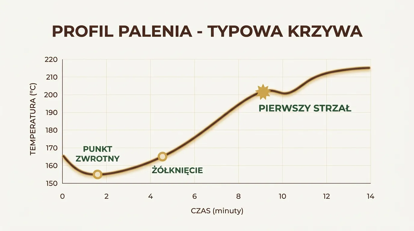 Wykres profilu palenia kawy — krzywa temperatury ziaren w czasie z zaznaczonymi fazami i kluczowymi punktami