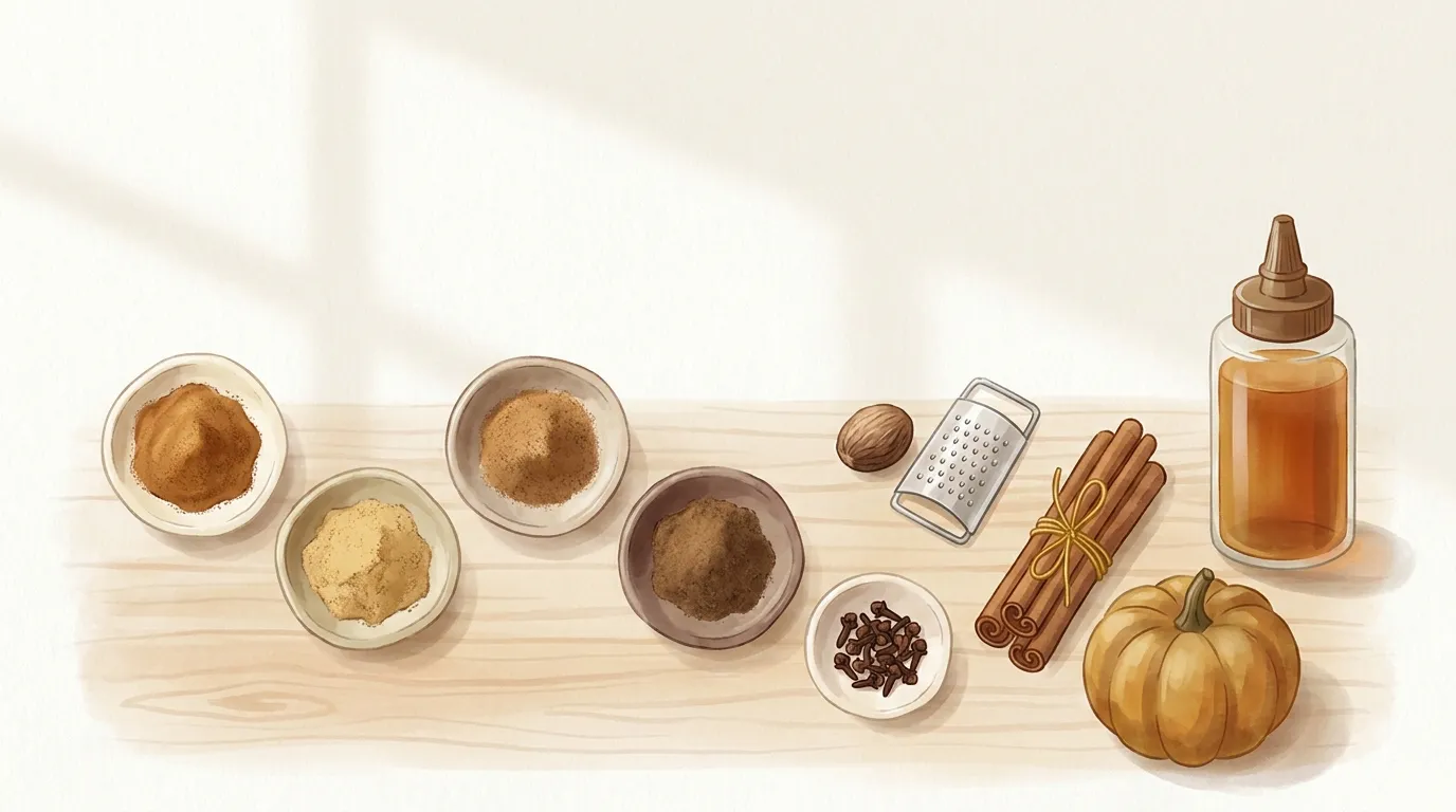 Pięć przypraw do pumpkin spice latte w miseczkach, cynamon, imbir, gałka muszkatołowa, ziele angielskie i goździki, obok butelki domowego syropu dyniowego i małej dyni