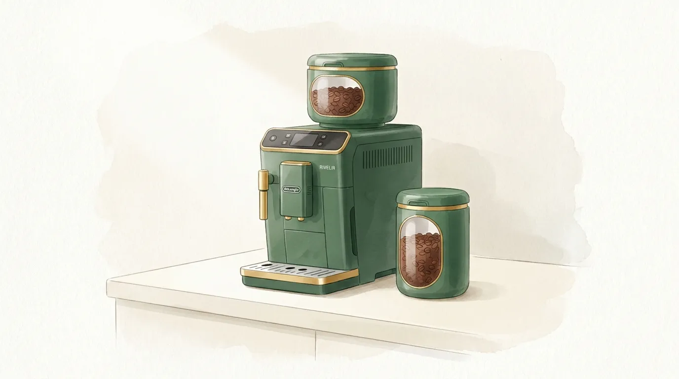 DeLonghi Rivelia z dwoma wymiennymi pojemnikami Bean Switch na blacie, jeden założony, drugi obok