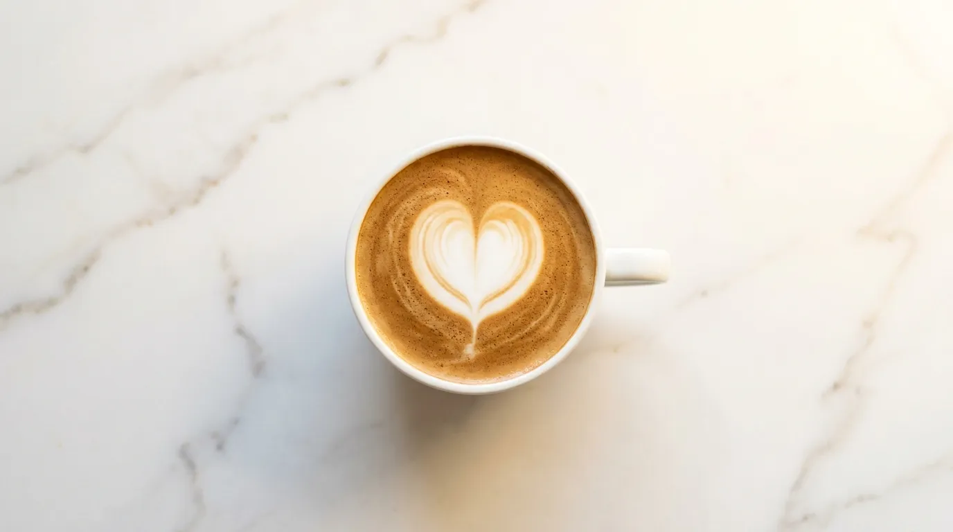 Filiżanka cappuccino z wzorem serca w latte art — widok z góry na białym marmurze