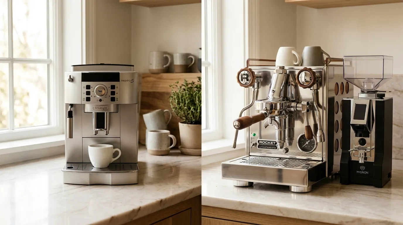 Ekspres automatyczny DeLonghi i kolbowy obok siebie na kuchennym blacie — dwa podejścia do parzenia kawy