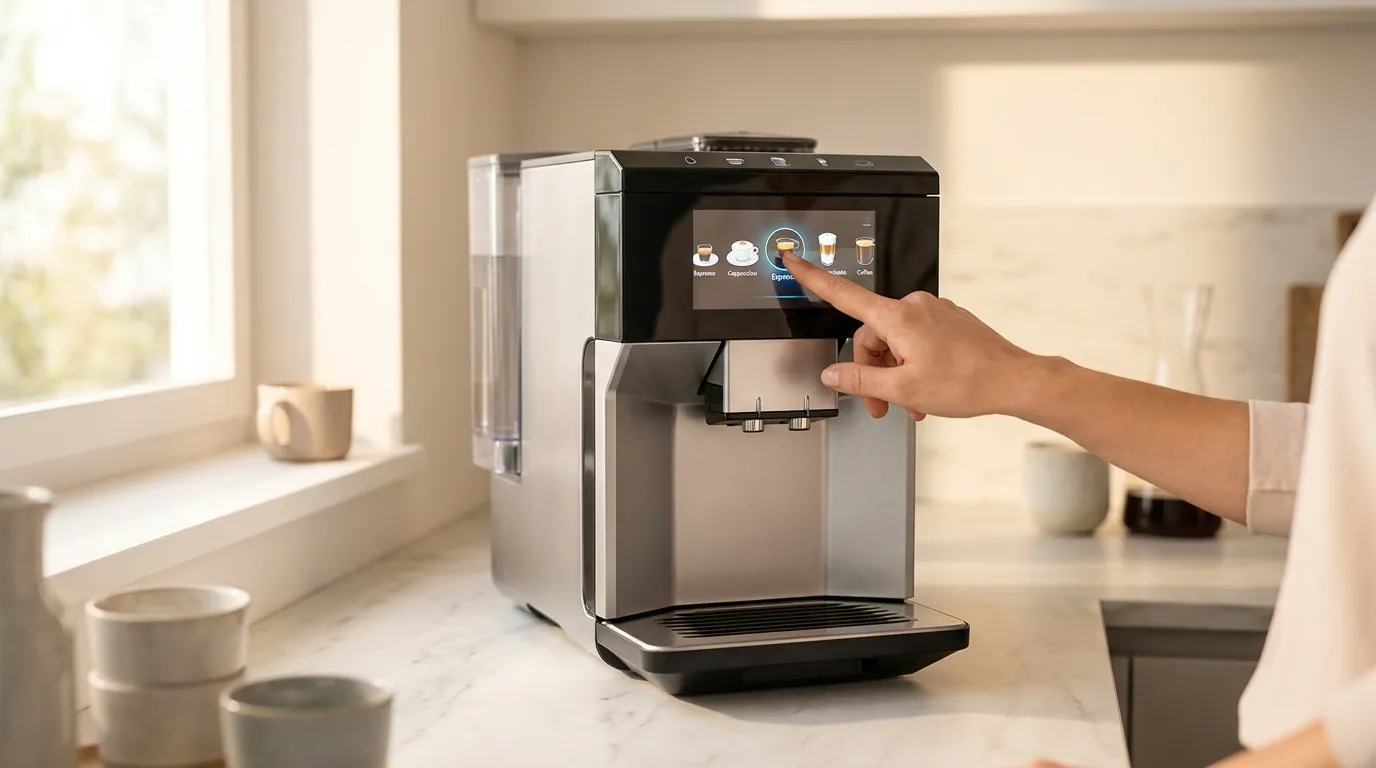 Panel sterowania Siemens EQ.500 — ekran dotykowy z wyborem napoju, siły i objętości