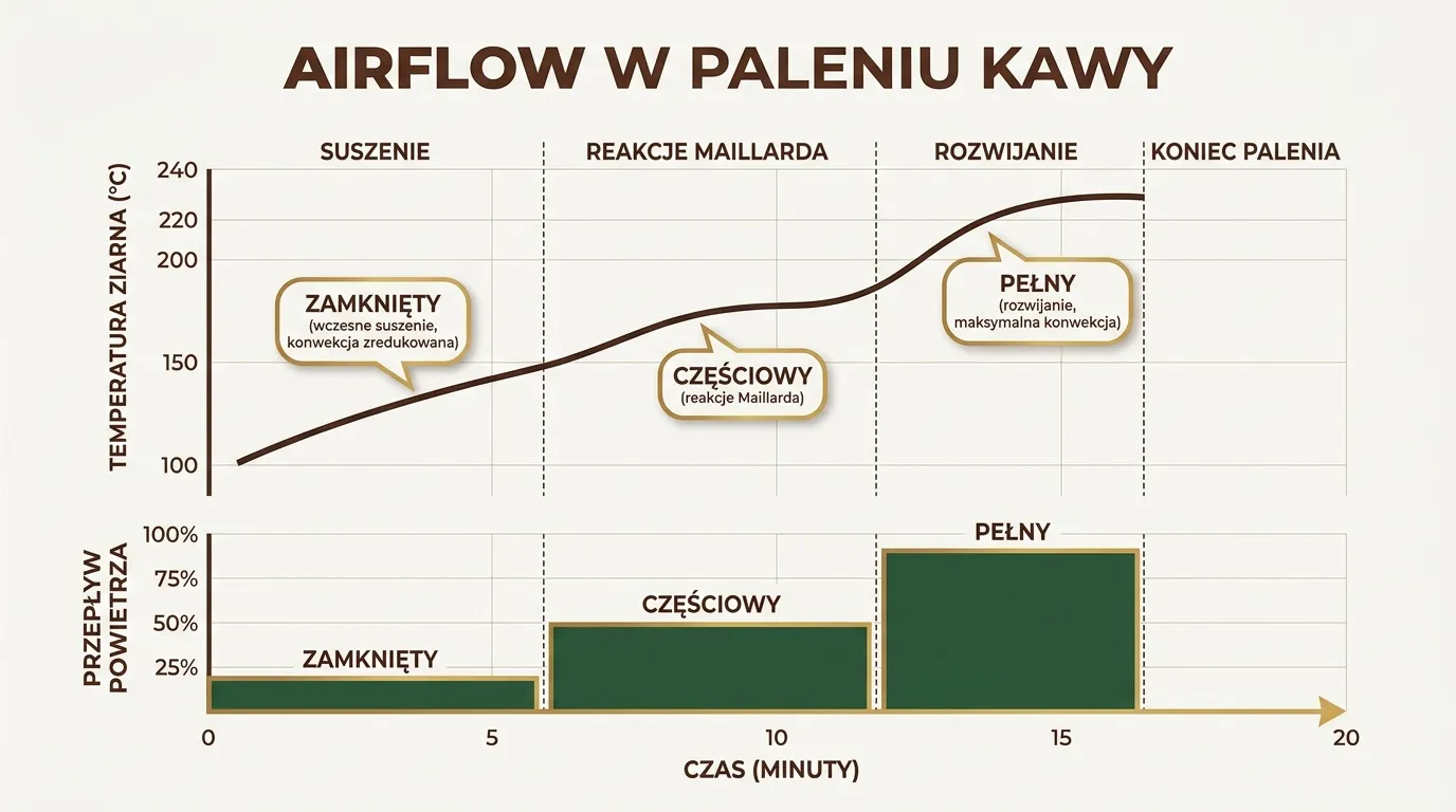 Krzywa temperaturowa roastu z zaznaczonym punktem static airflow — jeden poziom strumienia przez cały roast