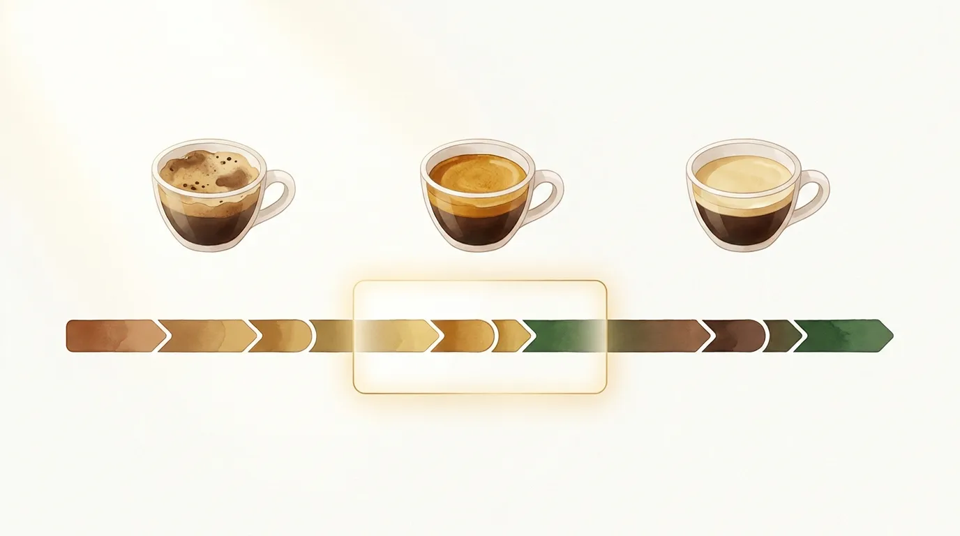 Oś czasu od dnia palenia do szóstego tygodnia z trzema filiżankami espresso: pienista, nierówna crema na początku, gęsta orzechowa crema w środku okna, cienka i blada na końcu; zaznaczone okno od 7 do 21 dnia