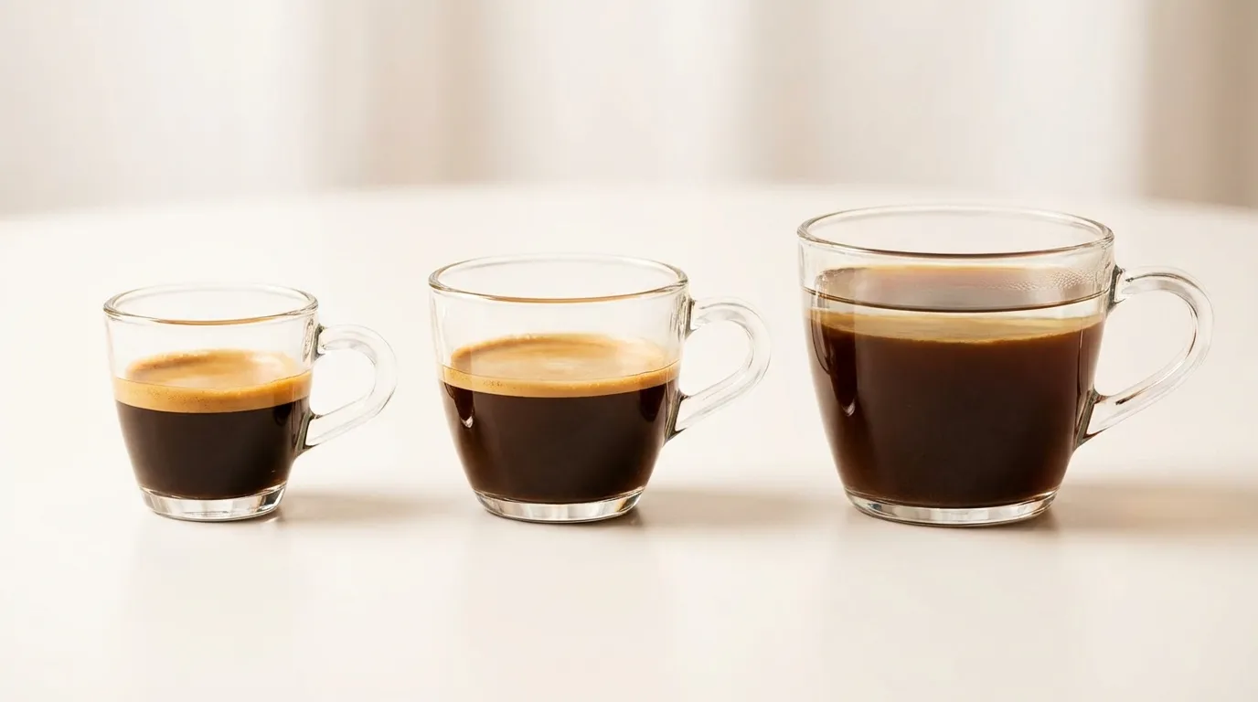 Trzy filiżanki obok siebie — espresso, lungo i americano — różne objętości i kolory