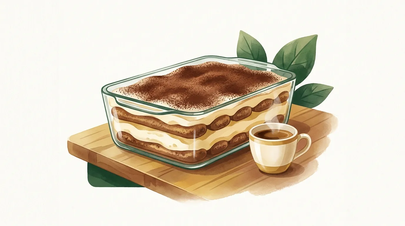 Prostokątne naczynie z tiramisu w przekroju: dwie warstwy biszkoptów nasączonych kawą i jasnego kremu mascarpone, wierzch posypany kakao, obok filiżanka espresso