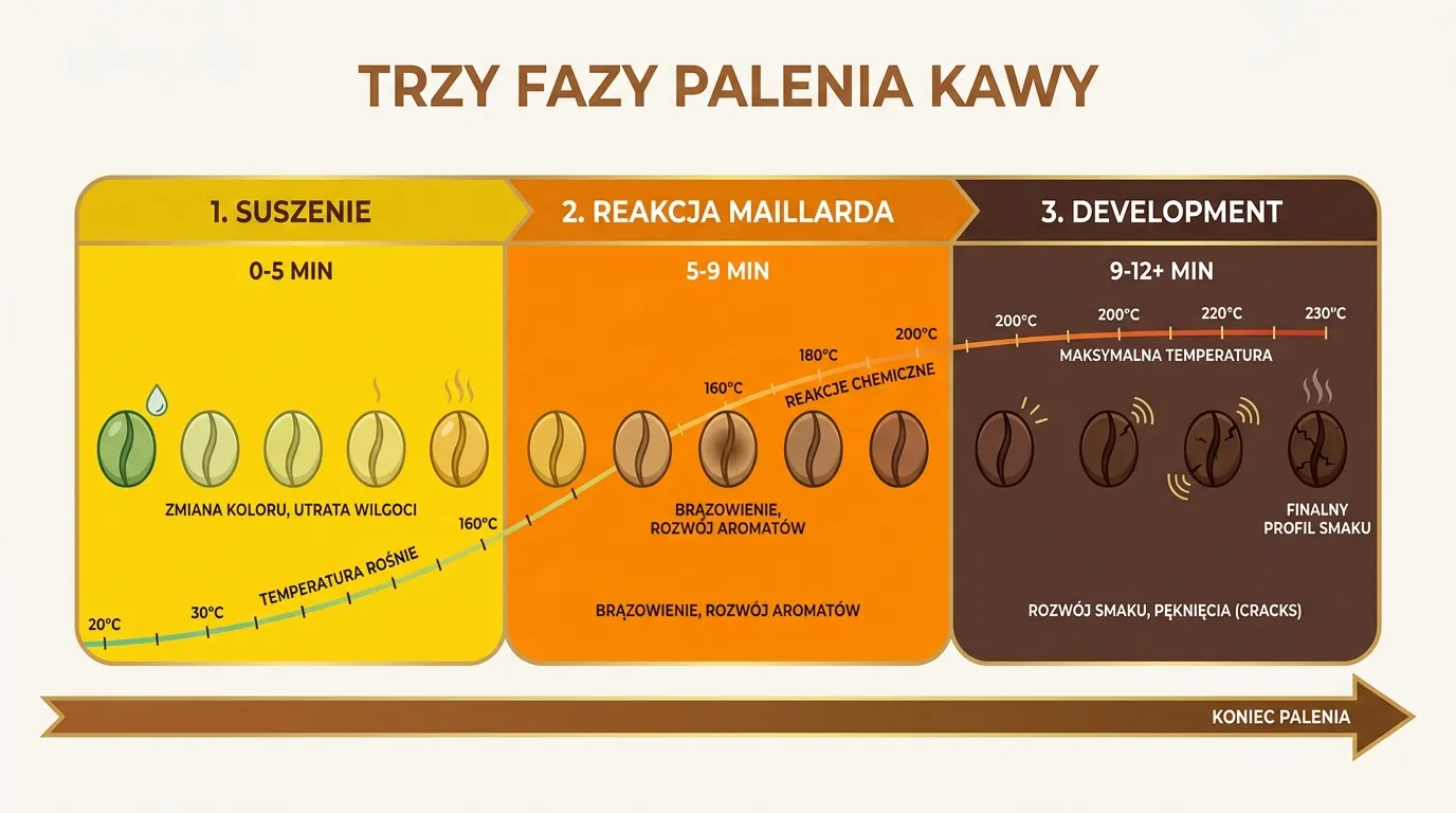 Schemat trzech faz palenia kawy — suszenie, Maillard i development z kolorami ziaren na osi czasu