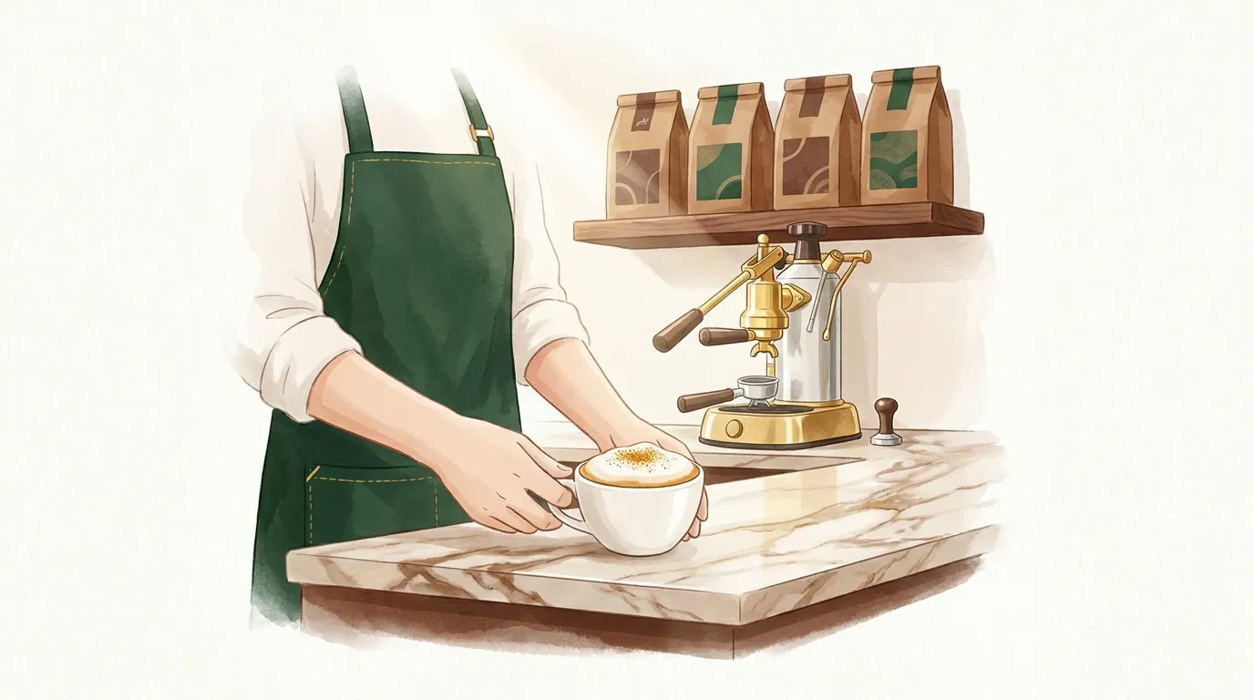 Włoski bar kawowy: barista podaje cappuccino z gęstą pianką na marmurowym blacie, w tle ekspres kolbowy i kilogramowe paczki kawy