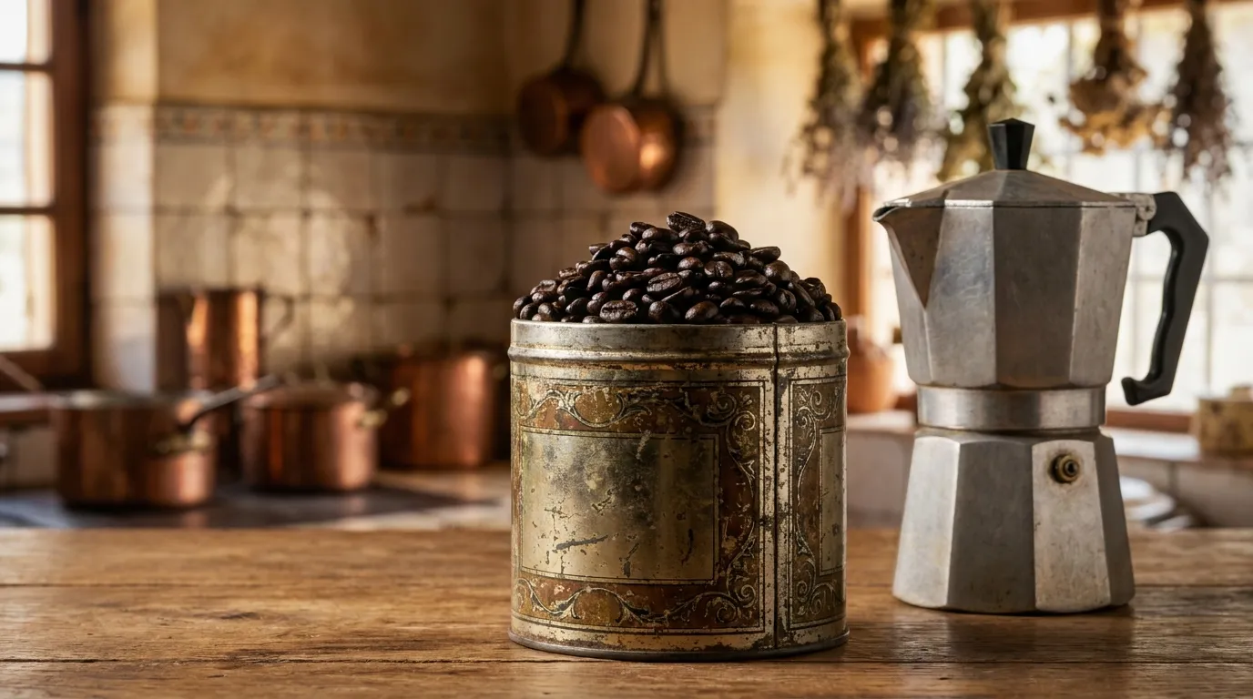 Klasyczne włoskie espresso — ciemno palona kawa, gęsta crema, tradycyjny styl palenia z połowy XX wieku