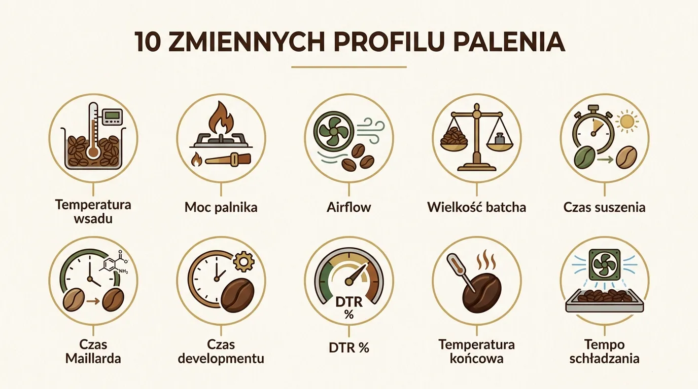 Infografika 10 zmiennych palenia kawy — diagram kołowy z rodzajem kawy, temperaturą startową, airflow i innymi czynnikami