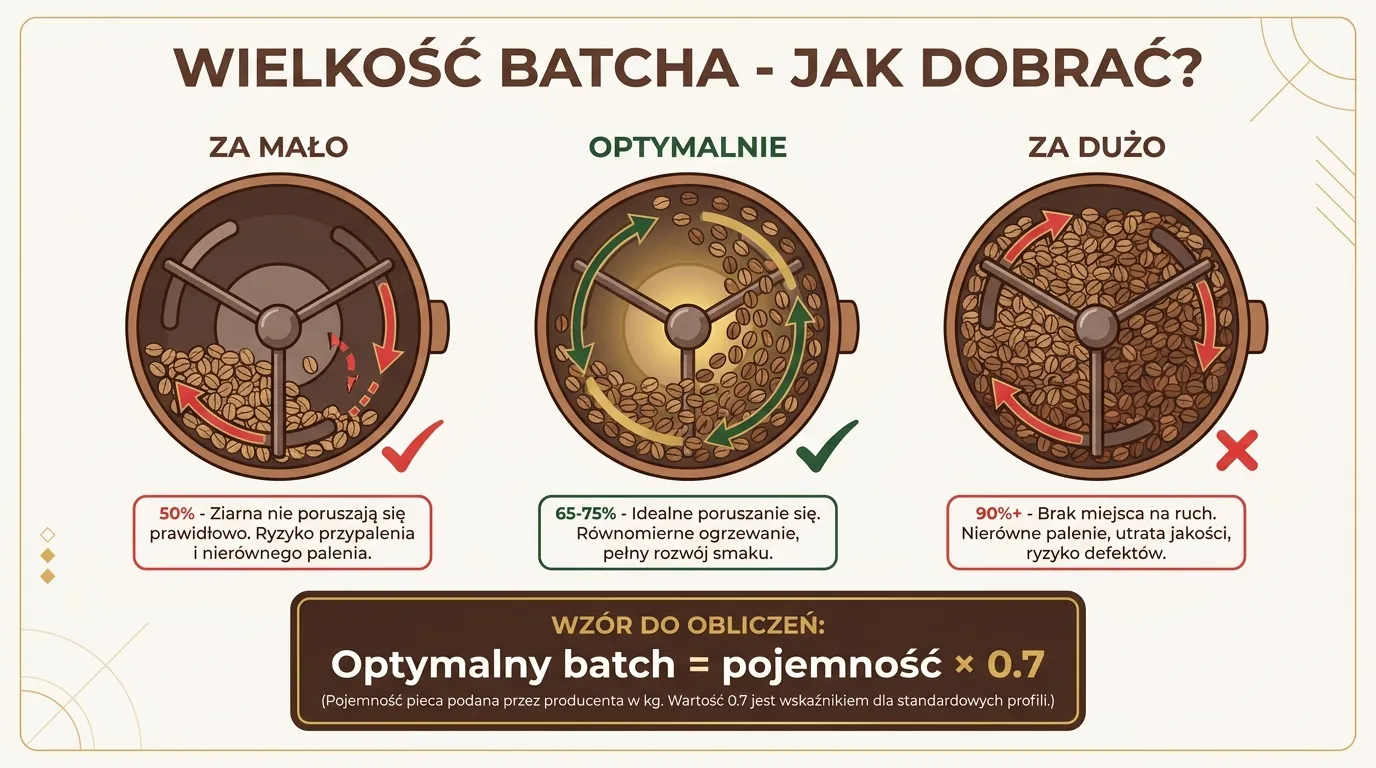 Schemat obliczania batch size — stosunek masy ziarna do pojemności bębna z zaznaczoną strefą sweet spot